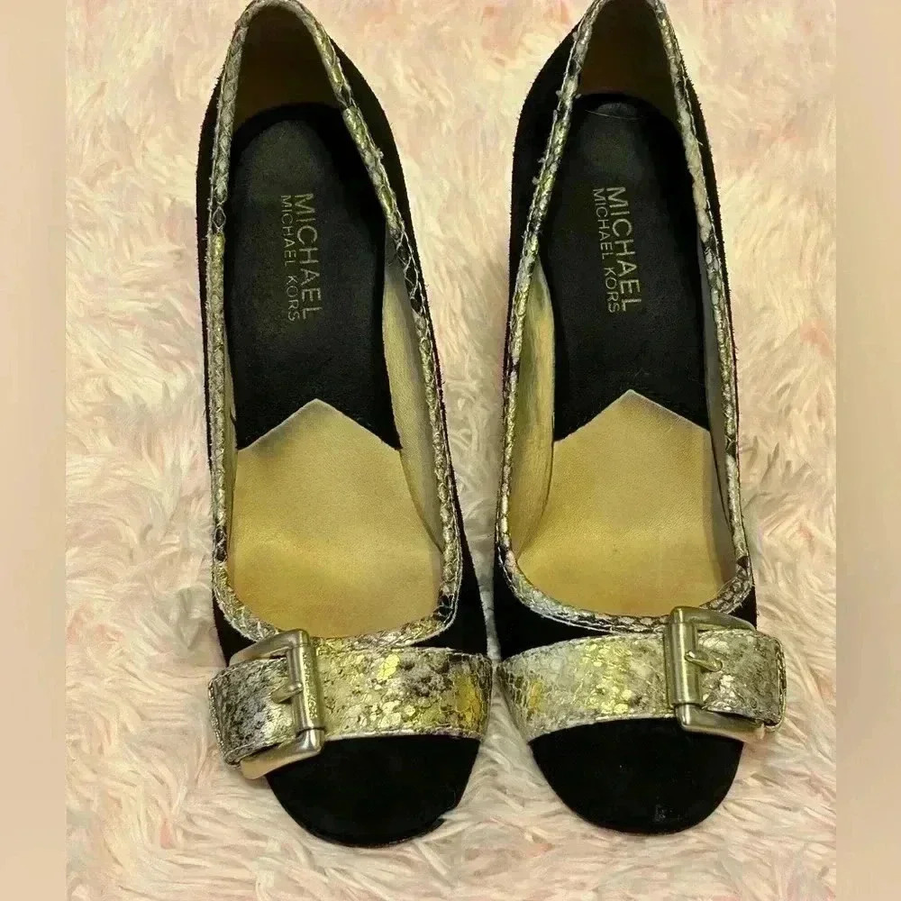Michael Kors Black Heels with Gold Snake Print Details